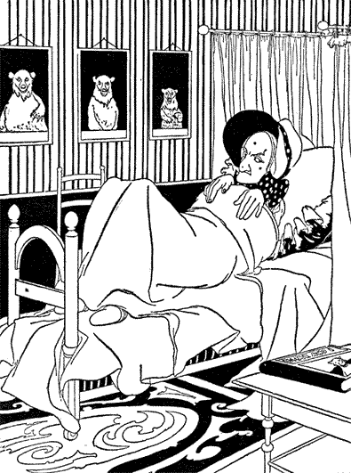 ちいさなくまのベッドで眠るおばあさん