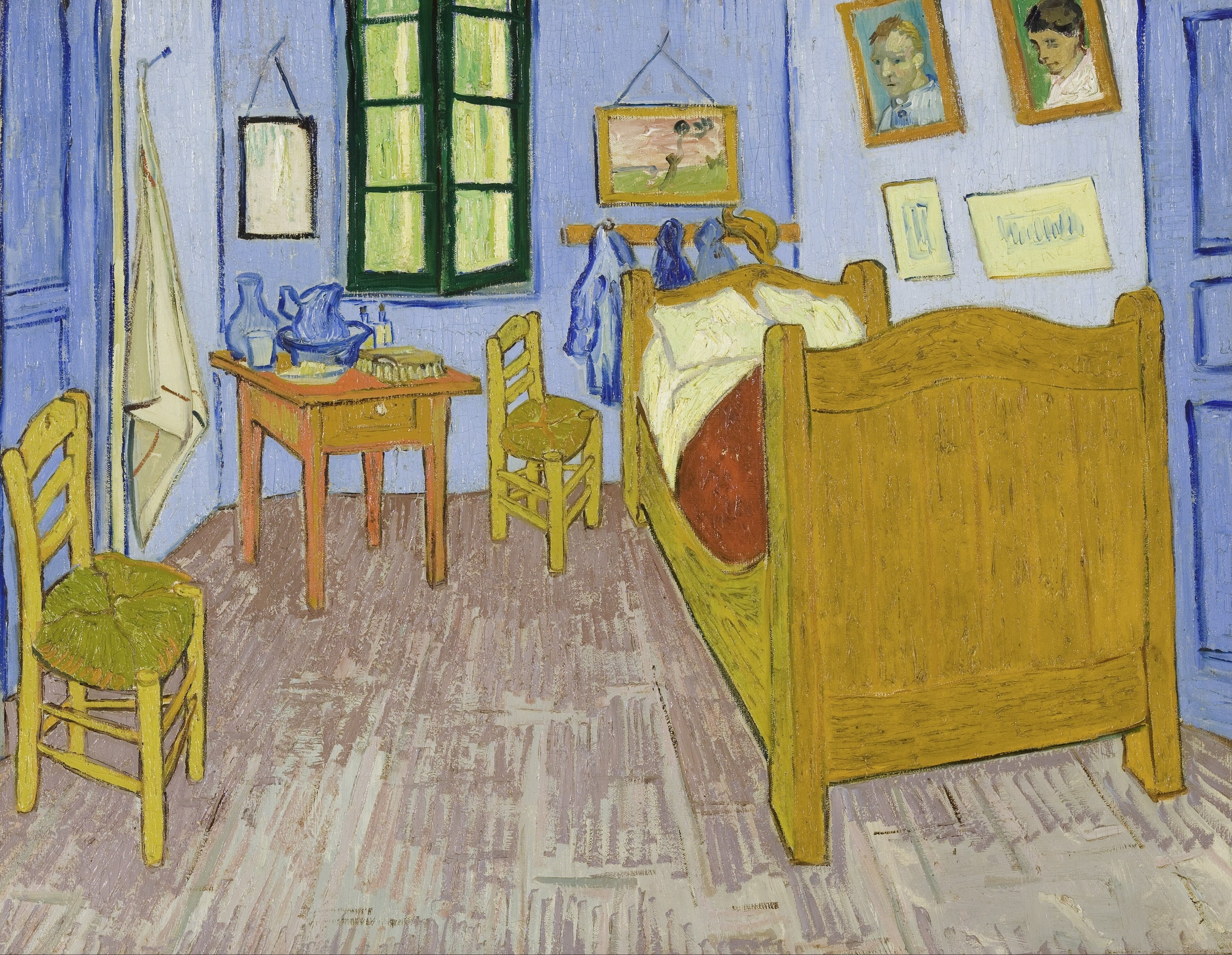 黄と青の対比で描かれた寝室 — アルルの寝室（The Bedroom）。Wikimedia Commons所蔵のPD画像。