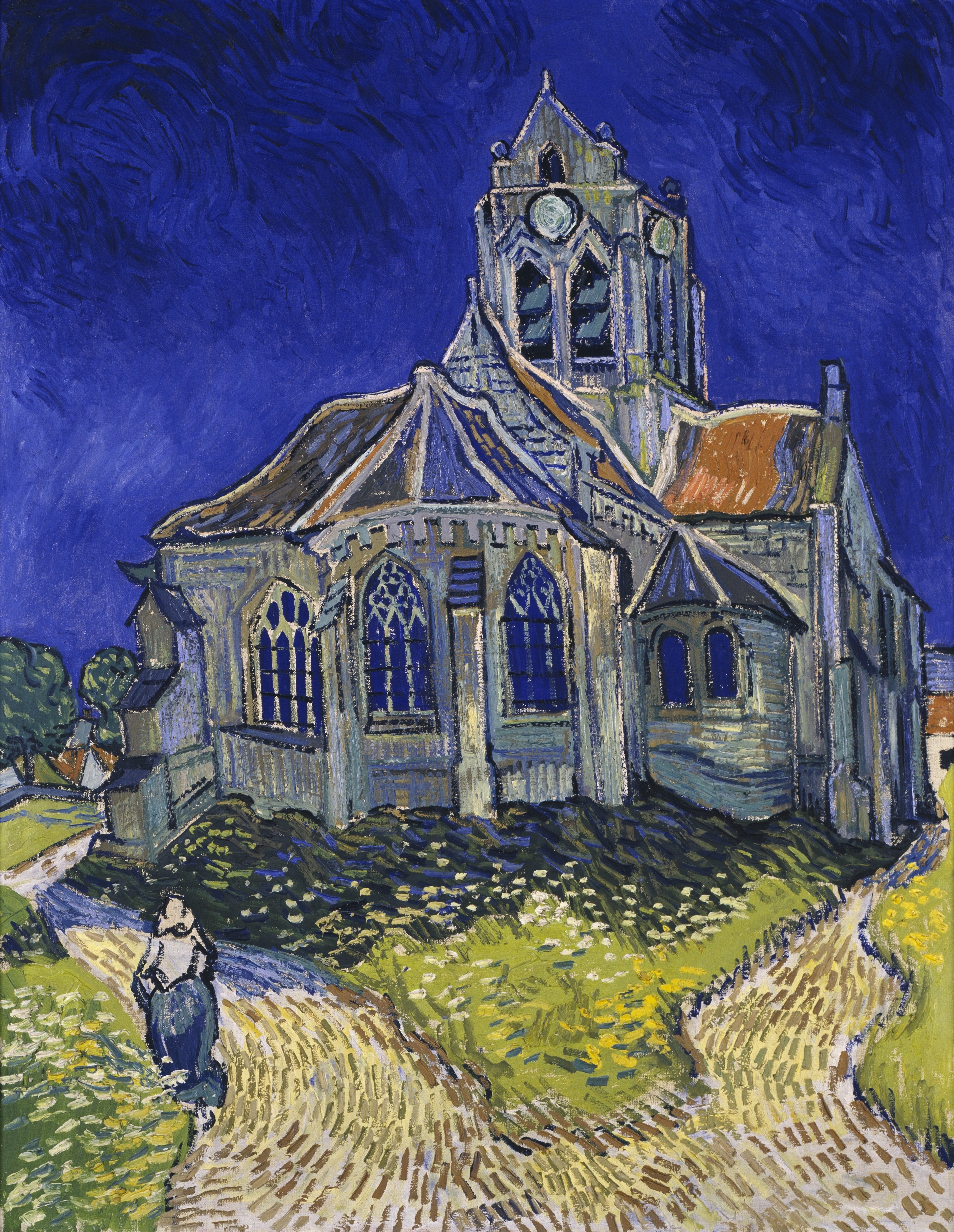 傾くような教会と深い青の空 — オーヴェールの教会（The Church at Auvers-sur-Oise）。Wikimedia Commons所蔵のPD画像。
