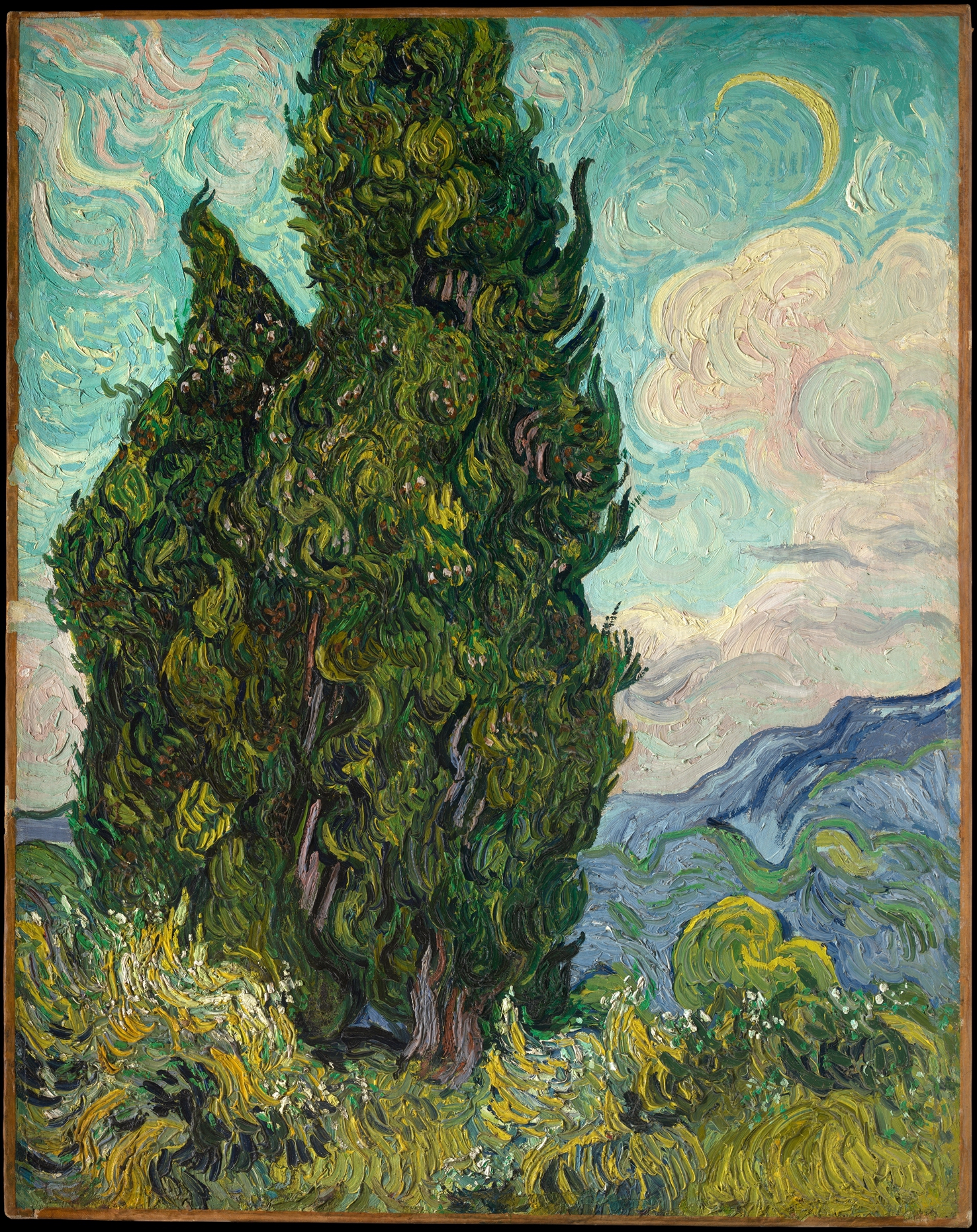 炎のように立ち上がる糸杉 — 糸杉（Cypresses）。メトロポリタン美術館所蔵のPD画像。