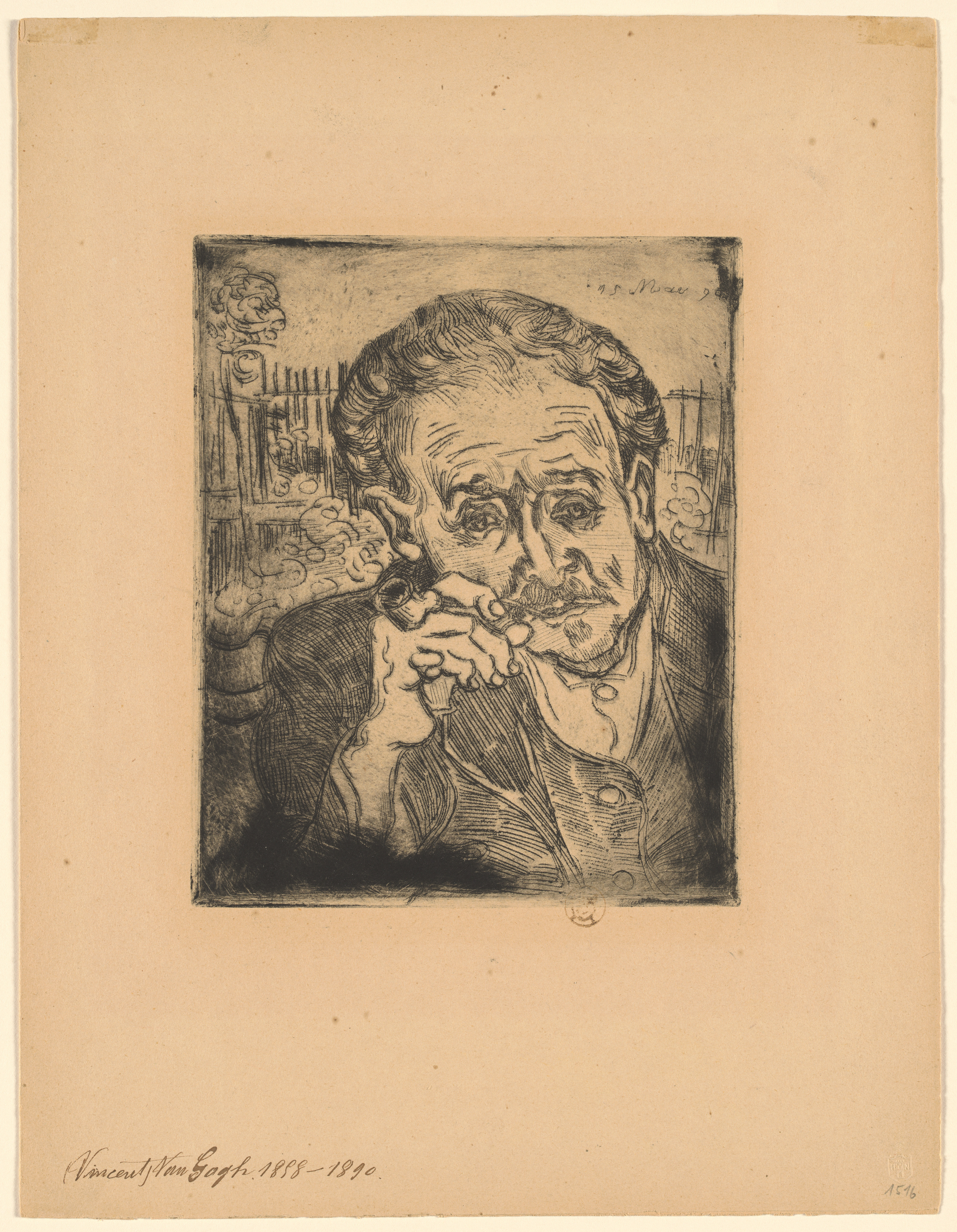 最晩年の医師の肖像 — ガシェ医師の肖像（パイプを持つ男）（Portrait of Dr. Gachet (Man with a Pipe)）。メトロポリタン美術館所蔵のPD画像。