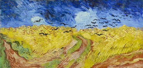 麦畑の上を飛ぶ烏 — カラスのいる麦畑（Wheatfield with Crows）。Wikimedia Commons所蔵のPD画像。