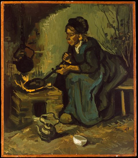 土色の重い筆致の室内 — 暖炉の前で料理する農婦（Peasant Woman Cooking by a Fireplace）。メトロポリタン美術館所蔵のPD画像。