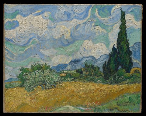風にうねる麦と糸杉 — 糸杉のある麦畑（Wheat Field with Cypresses）。メトロポリタン美術館所蔵のPD画像。