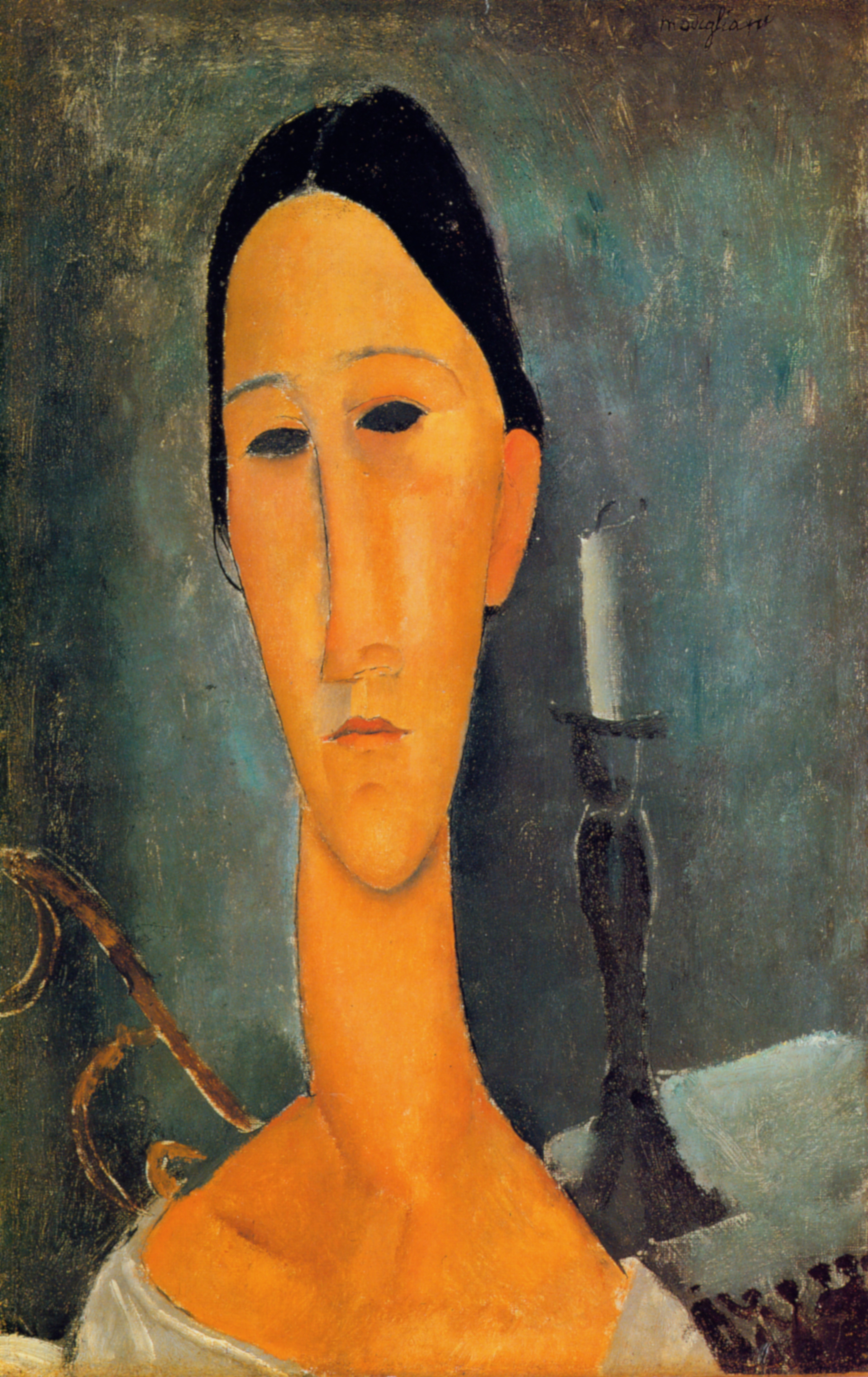 面長の顔と細い首、虹彩を描かない眼 — 燭台のハンカ・ズボロフスカ（Hanka Zborowska with a Candlestick）。Wikimedia Commons所蔵のPD画像。