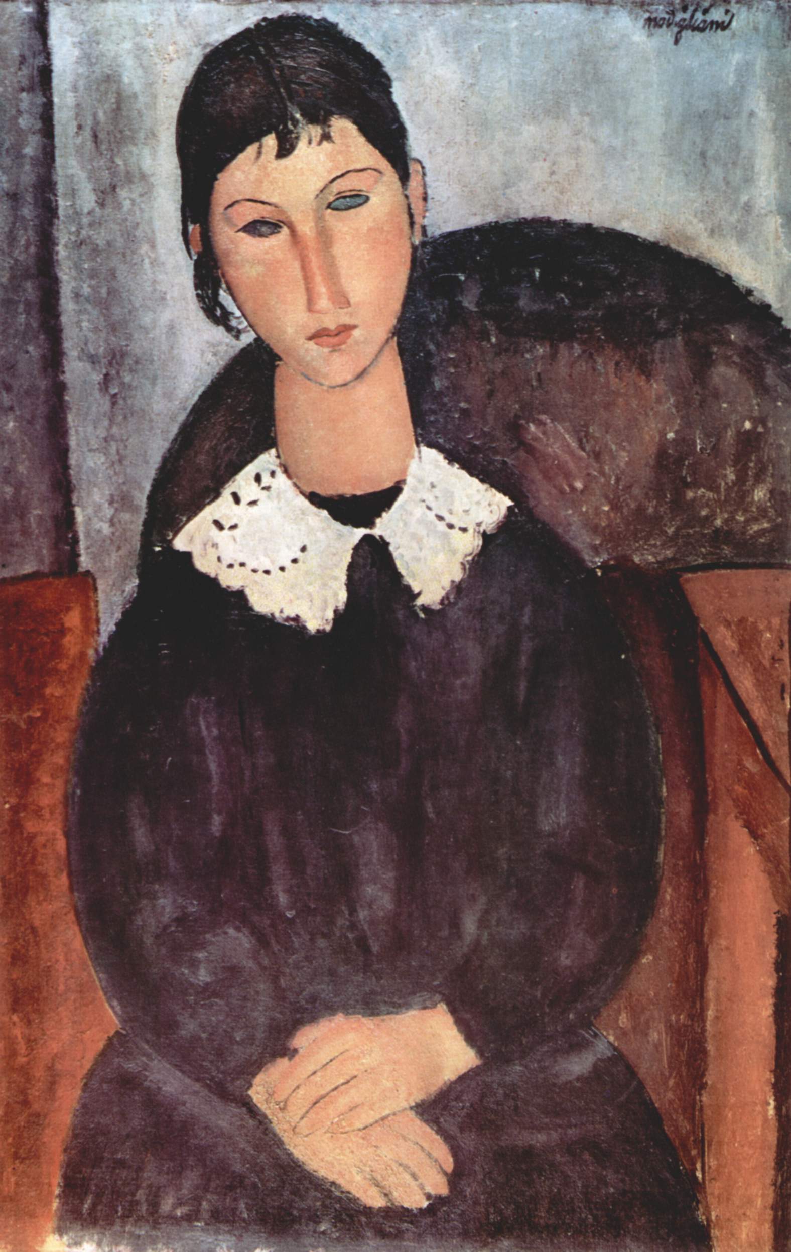 面長の顔と細い首、虹彩を描かない眼 — 白い襟のエルヴィラ（Elvira with a White Collar）。Wikimedia Commons所蔵のPD画像。