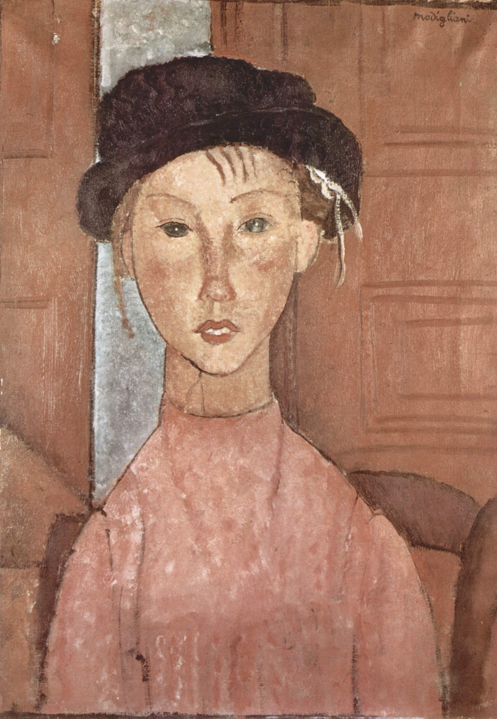 面長の顔と細い首、虹彩を描かない眼 — 帽子の少女（Girl with a Hat）。Wikimedia Commons所蔵のPD画像。