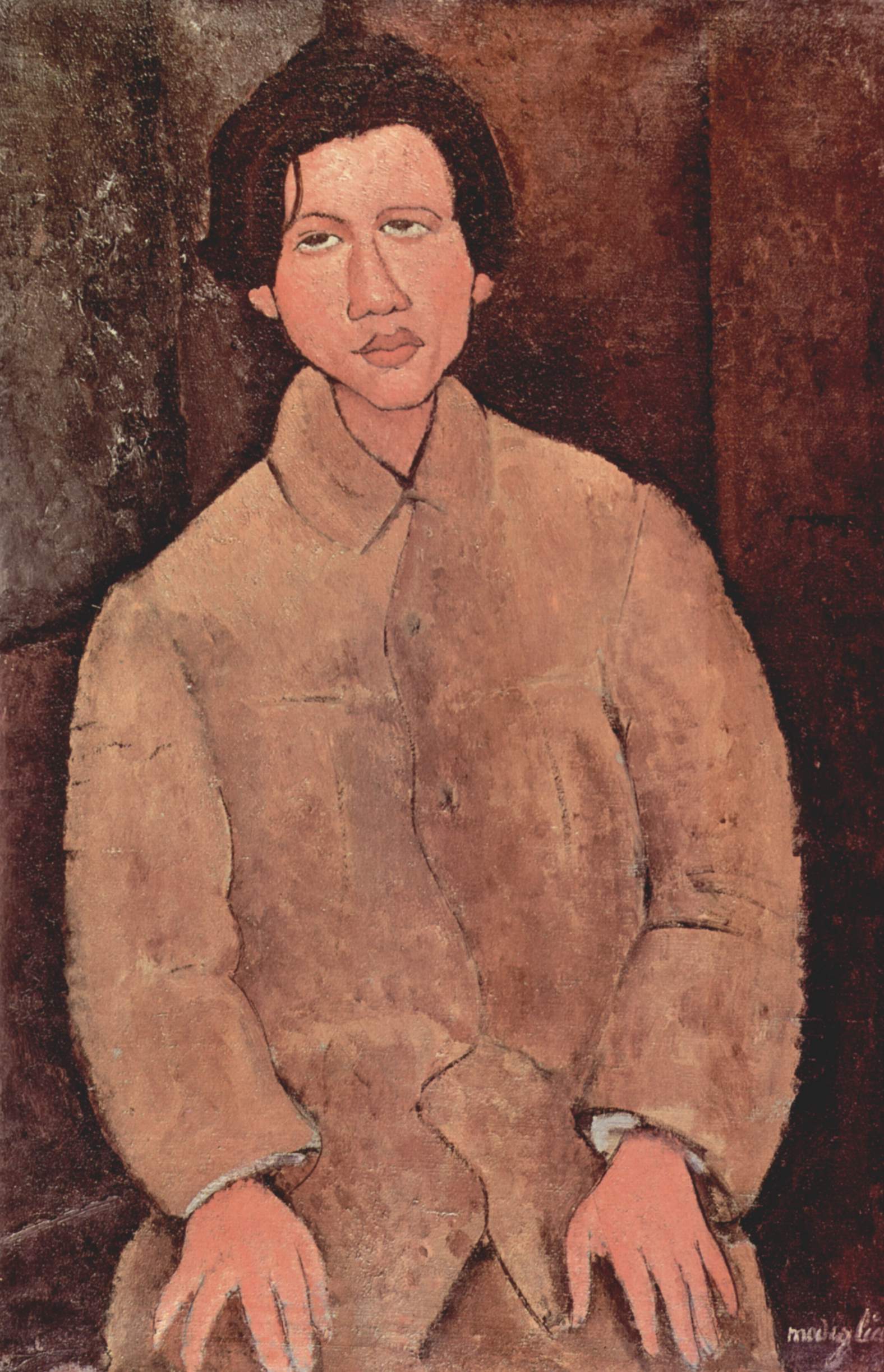 面長の顔と細い首、虹彩を描かない眼 — シャイム・スーティンの肖像（Portrait of Chaim Soutine）。Wikimedia Commons所蔵のPD画像。