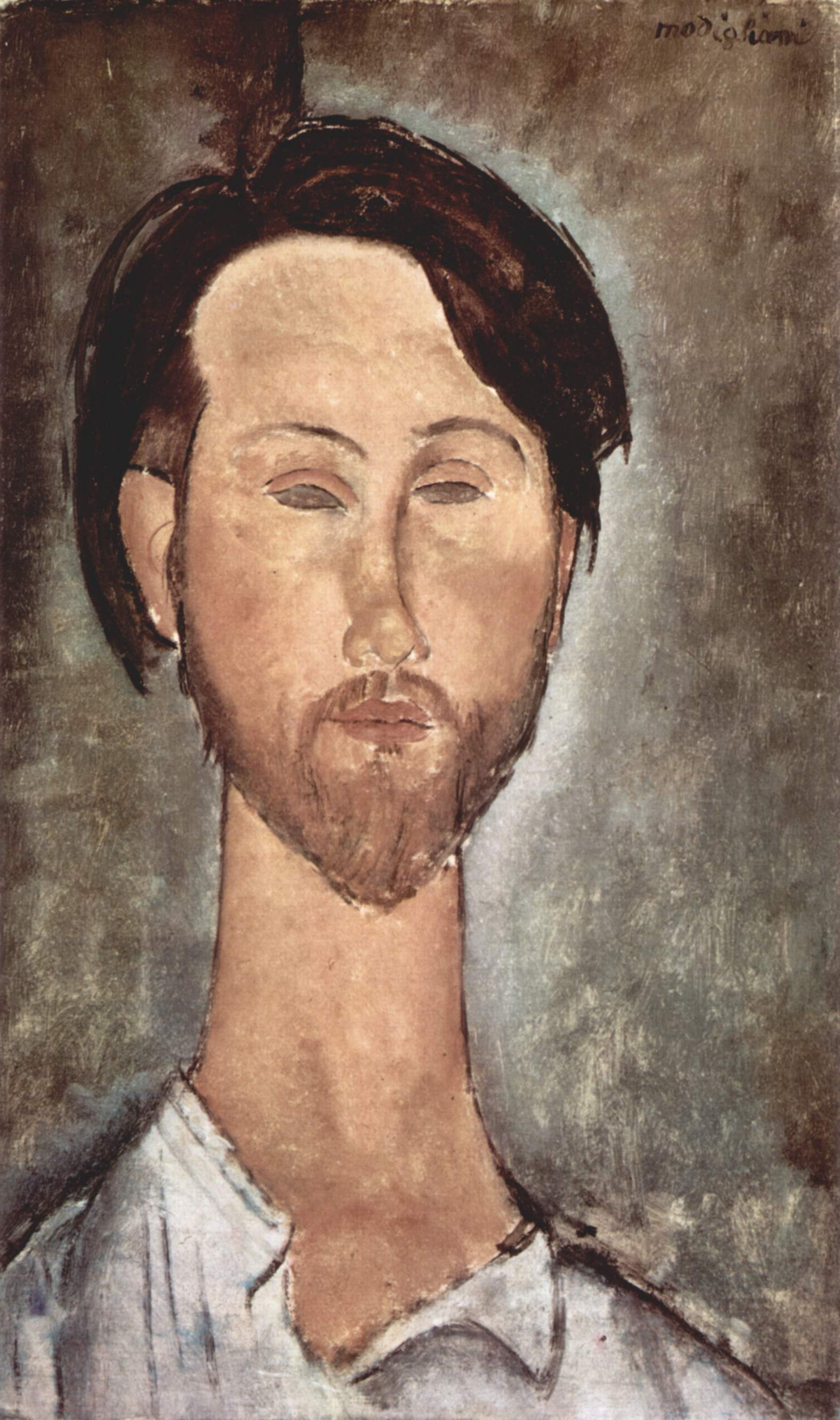 面長の顔と細い首、虹彩を描かない眼 — レオポルド・ズボロフスキの肖像（Portrait of Leopold Zborowski）。Wikimedia Commons所蔵のPD画像。