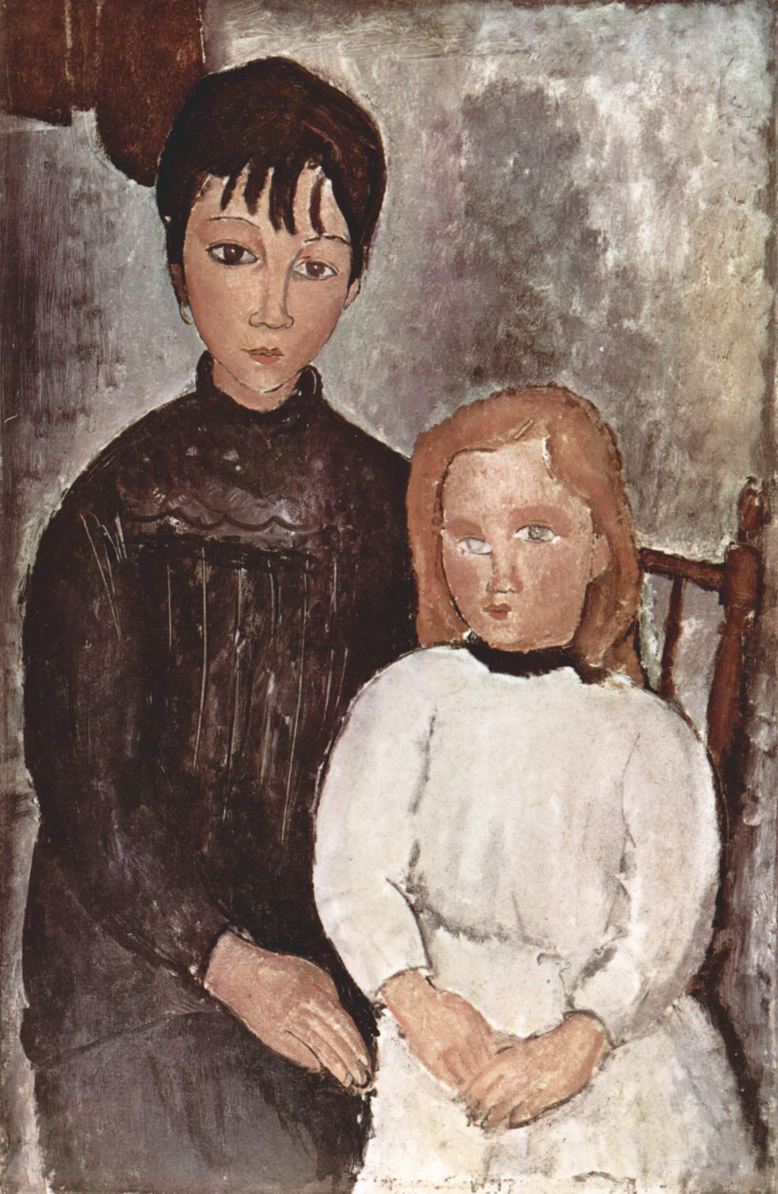 面長の顔と細い首、虹彩を描かない眼 — 二人の少女（Two Girls）。Wikimedia Commons所蔵のPD画像。