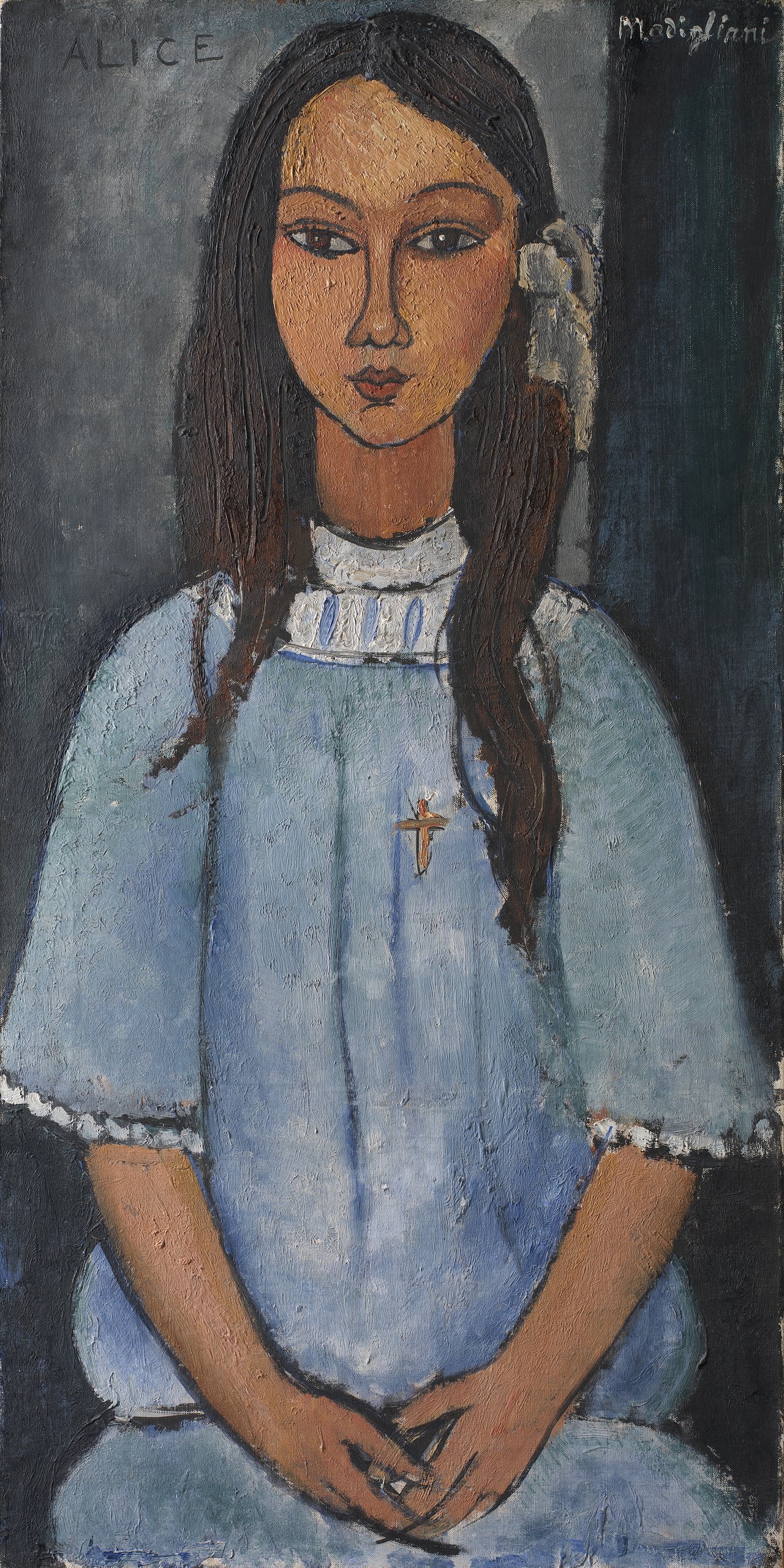 面長の顔と細い首、虹彩を描かない眼 — アリス（Alice）。Wikimedia Commons所蔵のPD画像。