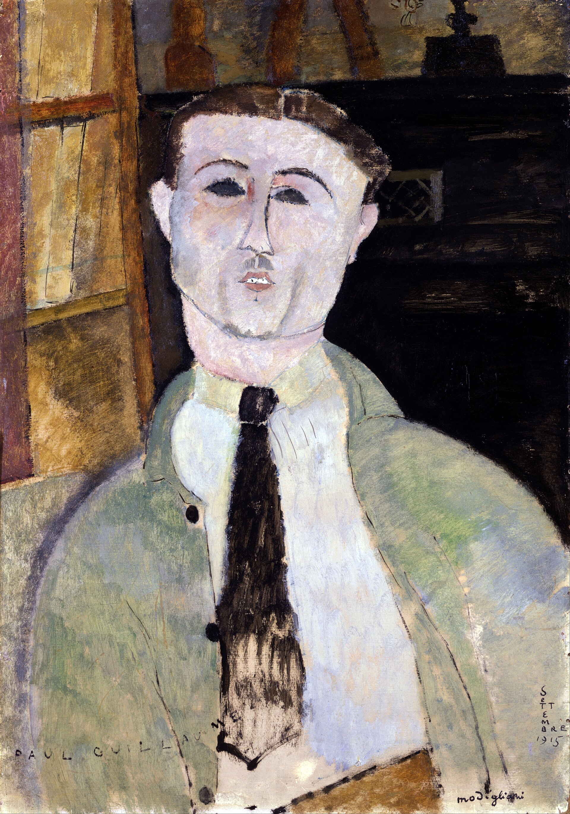 面長の顔と細い首、虹彩を描かない眼 — ポール・ギヨームの肖像（Portrait of Paul Guillaume）。Wikimedia Commons所蔵のPD画像。