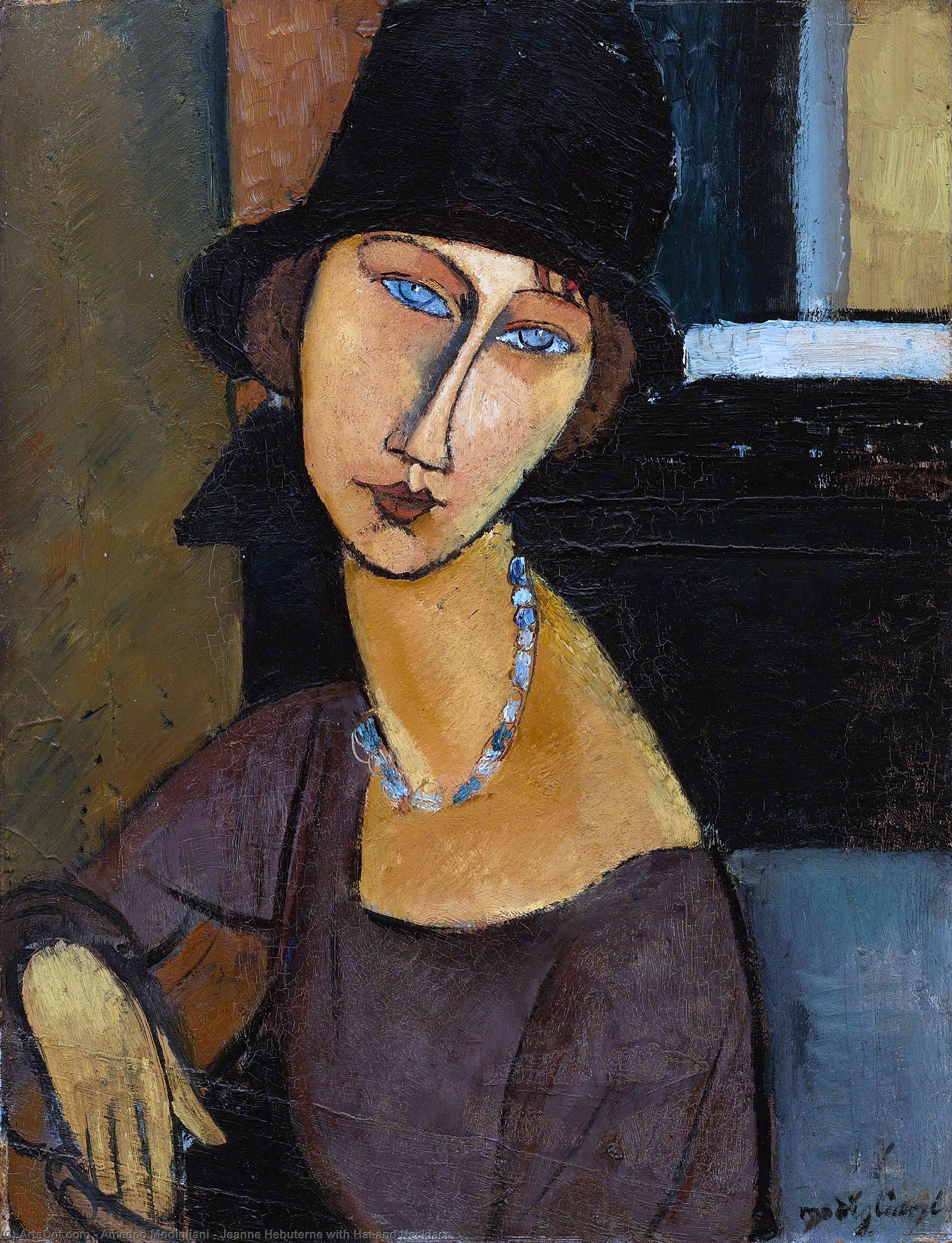 面長の顔と細い首、虹彩を描かない眼 — 帽子と首飾りのジャンヌ・エビュテルヌ（Jeanne Hebuterne with Hat and Necklace）。Wikimedia Commons所蔵のPD画像。