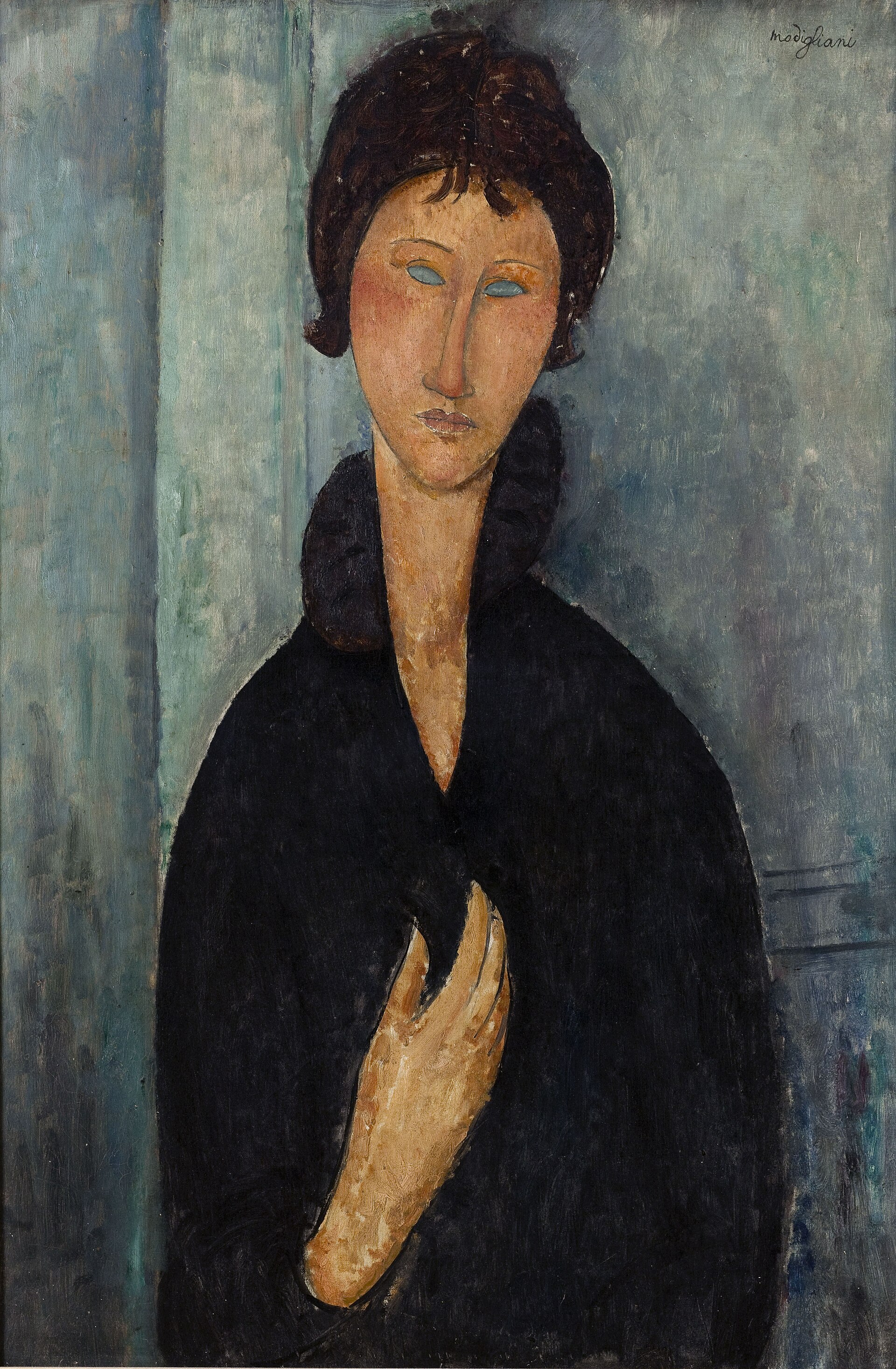 面長の顔と細い首、虹彩を描かない眼 — 青い眼の女（Woman with Blue Eyes）。Wikimedia Commons所蔵のPD画像。