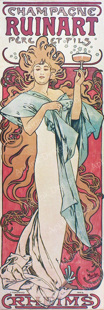 シャンパーニュの杯を掲げる女性の商業ポスター — 《シャンパーニュ・リュイナール》（Champagne Ruinart）。Wikimedia Commons所蔵のパブリックドメイン画像。
