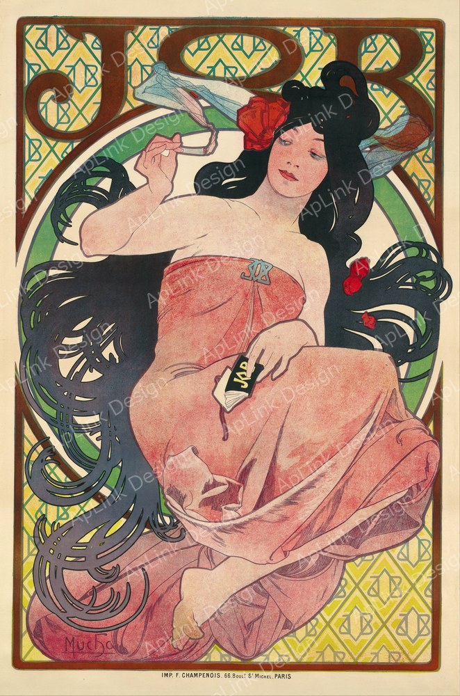 紙巻きたばこを手にした女性のジョブ紙ポスター — 《ジョブ紙》（Job）。Wikimedia Commons所蔵のパブリックドメイン画像。