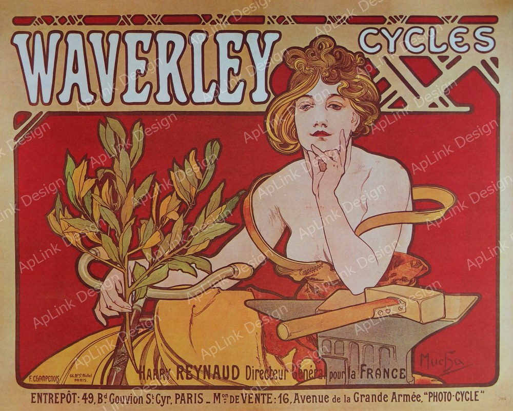 車輪と女性像を重ねたサイクル広告ポスター — 《ウェーヴァリー・サイクル》（Waverley Cycles）。Wikimedia Commons所蔵のパブリックドメイン画像。