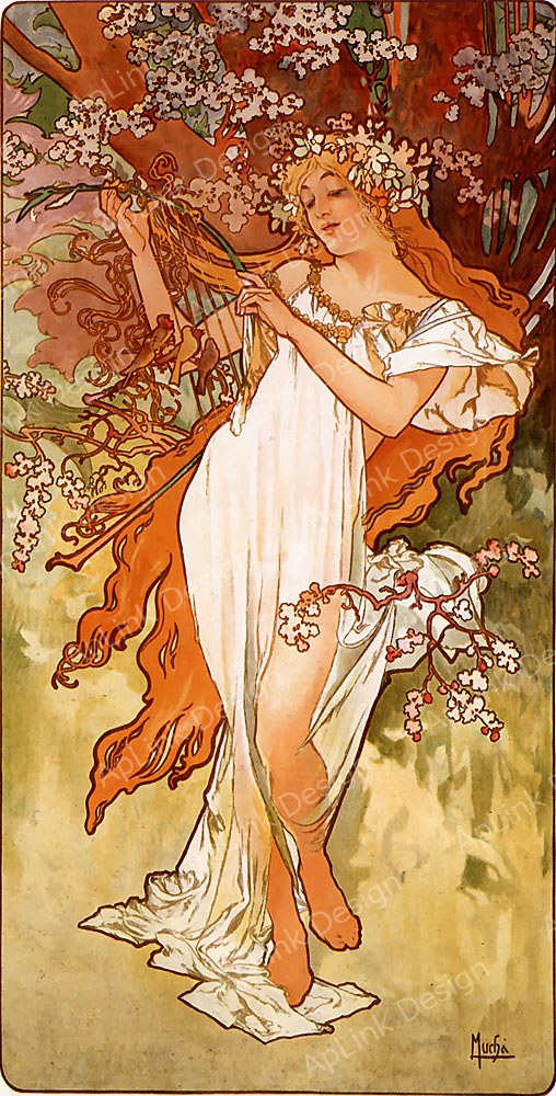 花と若葉に包まれた春の装飾パネル — 《春（四つの季節）》（Spring）。Wikimedia Commons所蔵のパブリックドメイン画像。