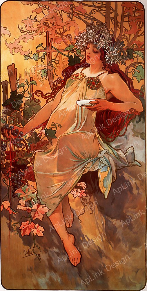 果実と衣の秋の装飾パネル — 《秋（四つの季節）》（Autumn）。Wikimedia Commons所蔵のパブリックドメイン画像。