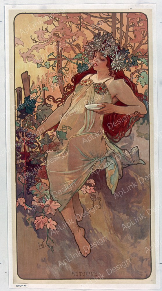 果実と衣の「秋」の装飾パネル — 《秋（四つの季節）》（The Seasons: Autumn）。Wikimedia Commons所蔵のパブリックドメイン画像。