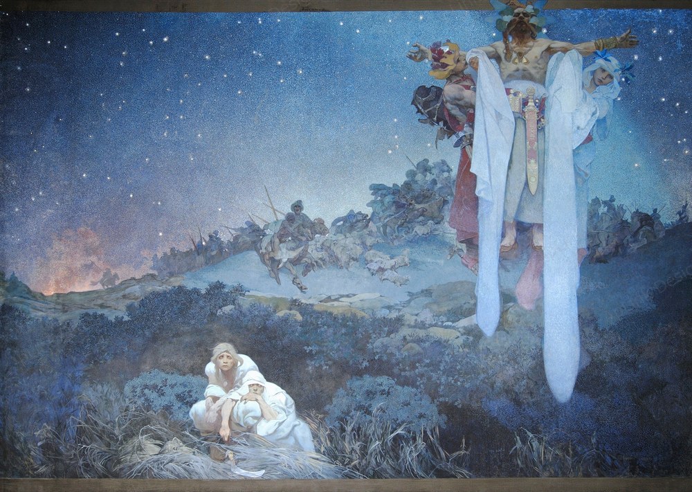 スラヴの歴史を叙事として描いた連作の第一部 — 《スラヴ叙事詩 第I部》（Slav Epic Cycle I）。Wikimedia Commons所蔵のパブリックドメイン画像。