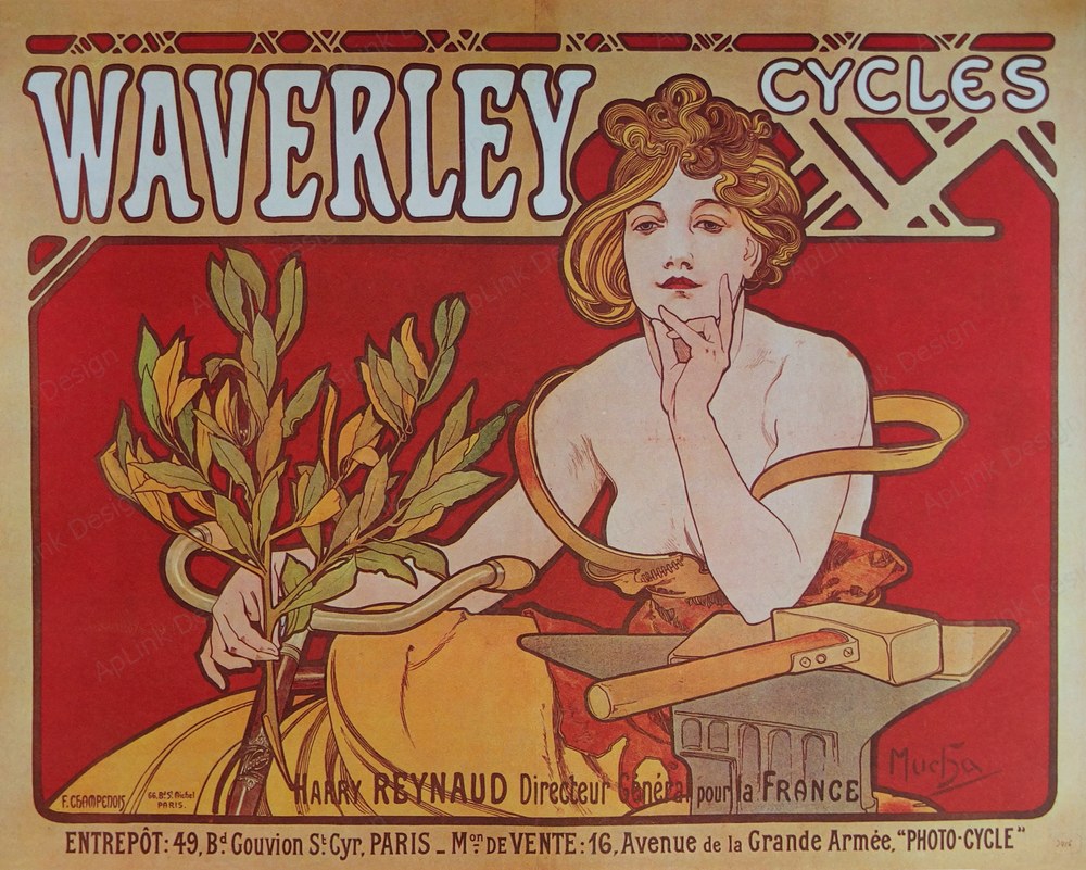 車輪と女性像を重ねたサイクル広告ポスター — 《ウェーヴァリー・サイクル》（Waverley Cycles）。Wikimedia Commons所蔵のパブリックドメイン画像。