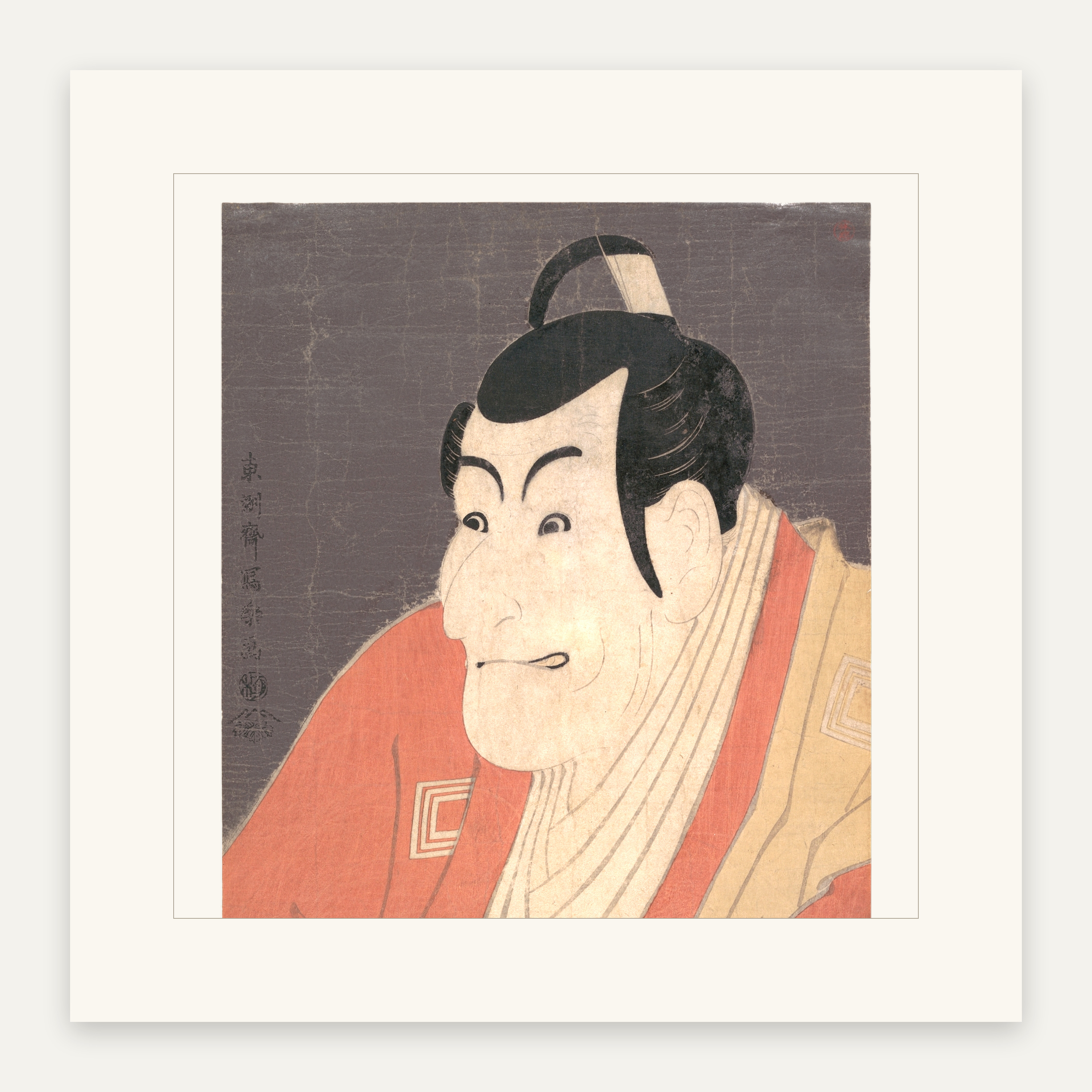 雲母地に浮かぶ、眼光鋭い立役の大首絵 — 市川鰕蔵の竹村定之進（Kabuki Actor Ichikawa Ebizō (Ichikawa Danjūrō V) in the play The Colored Reins of a Loving Wife）。The Metropolitan Museum of Art所蔵のPD画像。