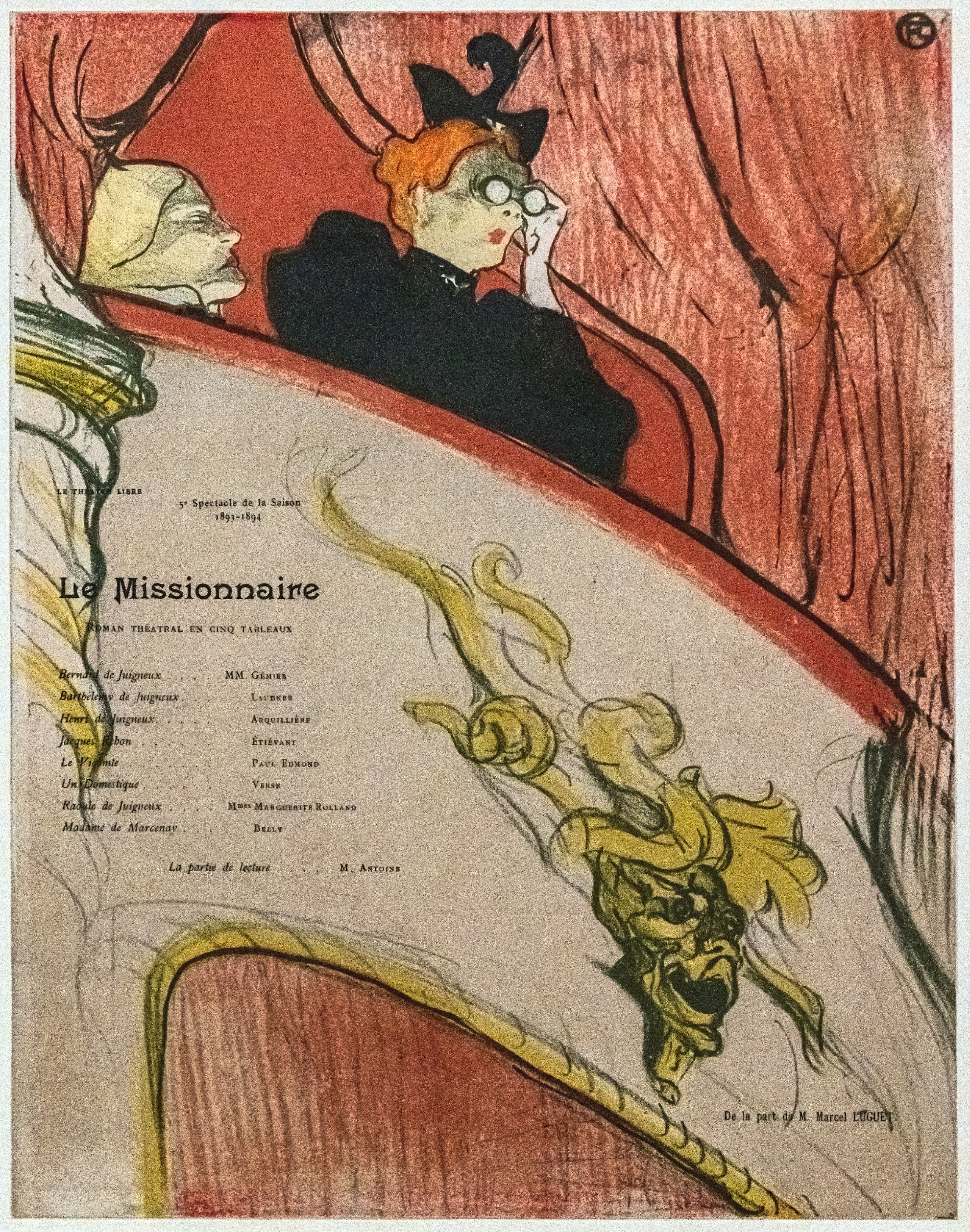 室内の女性を捉えたリトグラフ — 金色仮面の桟敷（(Albi) La loge au mascaron doré, programme pour 'Le Missionnaire' - 1896 - Henri de Toulouse-Lautec）。Wikimedia Commons所蔵のPD画像。