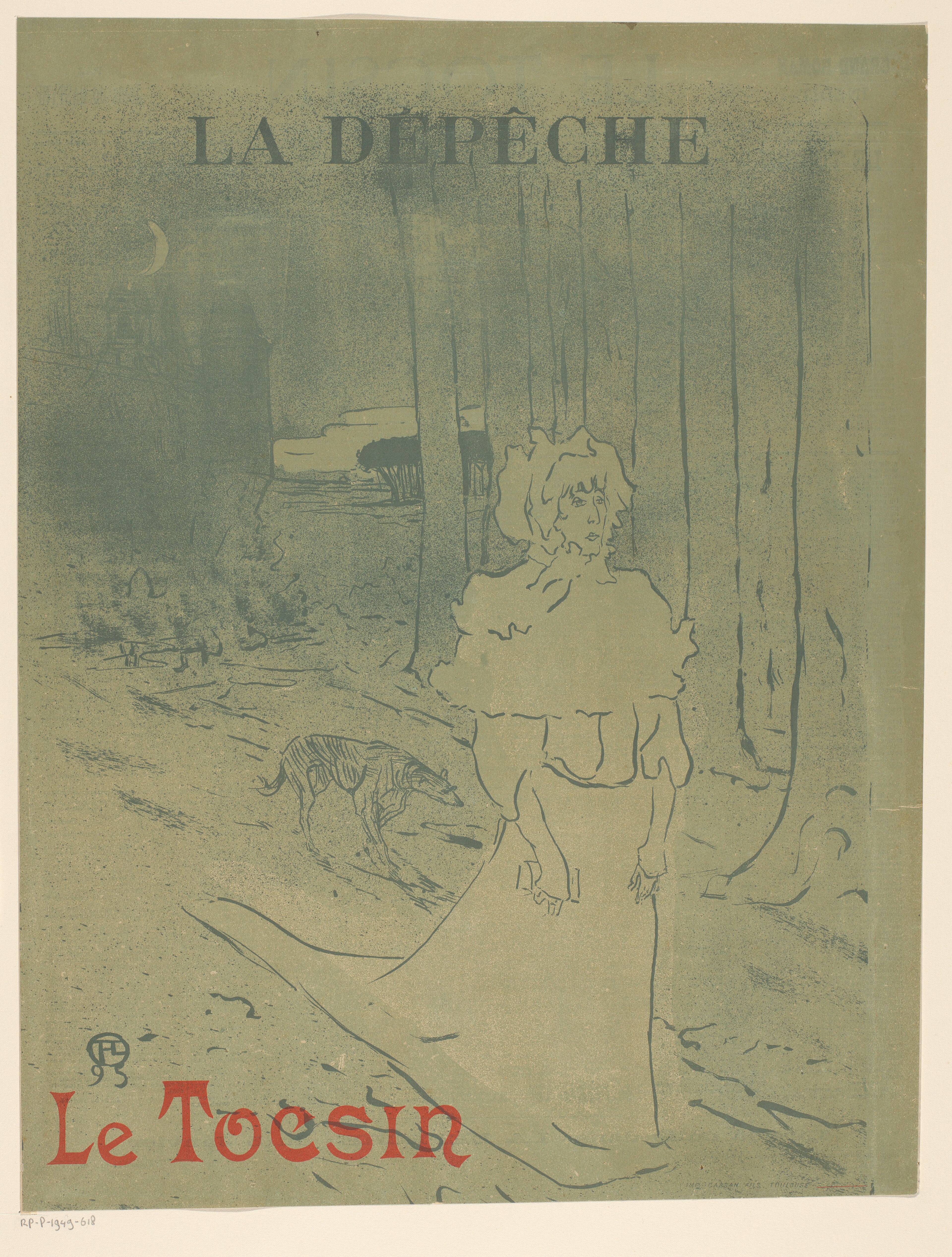 室内の女性を捉えたリトグラフ — 警鐘（ル・トクサン）（Affiche voor het boek Le tocsin in de krant La Dépêche, RP-P-1949-618）。Wikimedia Commons所蔵のPD画像。