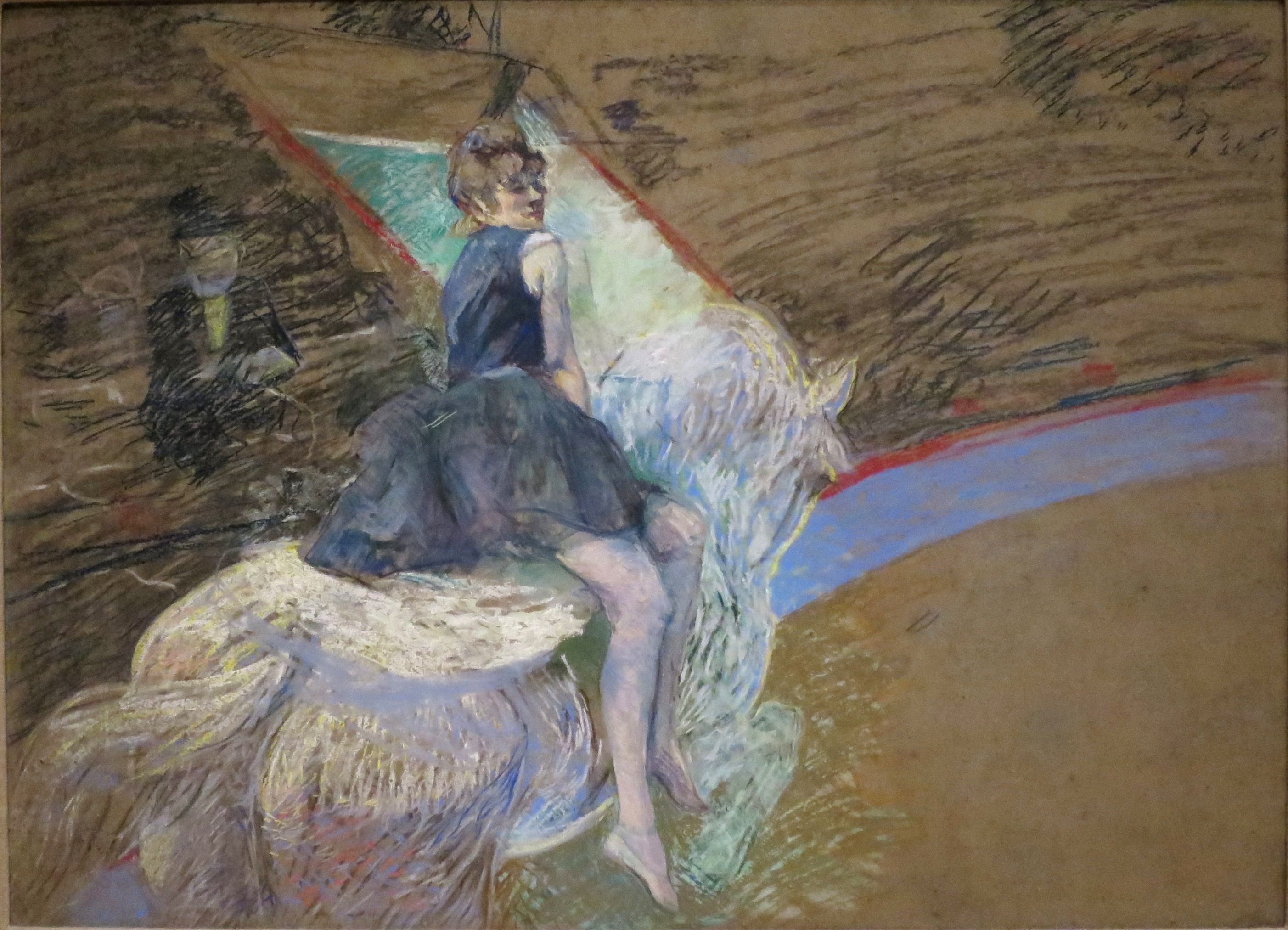 サーカスと舞台の動きを描いた図 — フェルナンドサーカスにて（'At the Cirque Fernando' by Henri de Toulouse-Lautrec, Norton Simon Museum）。Wikimedia Commons所蔵のPD画像。