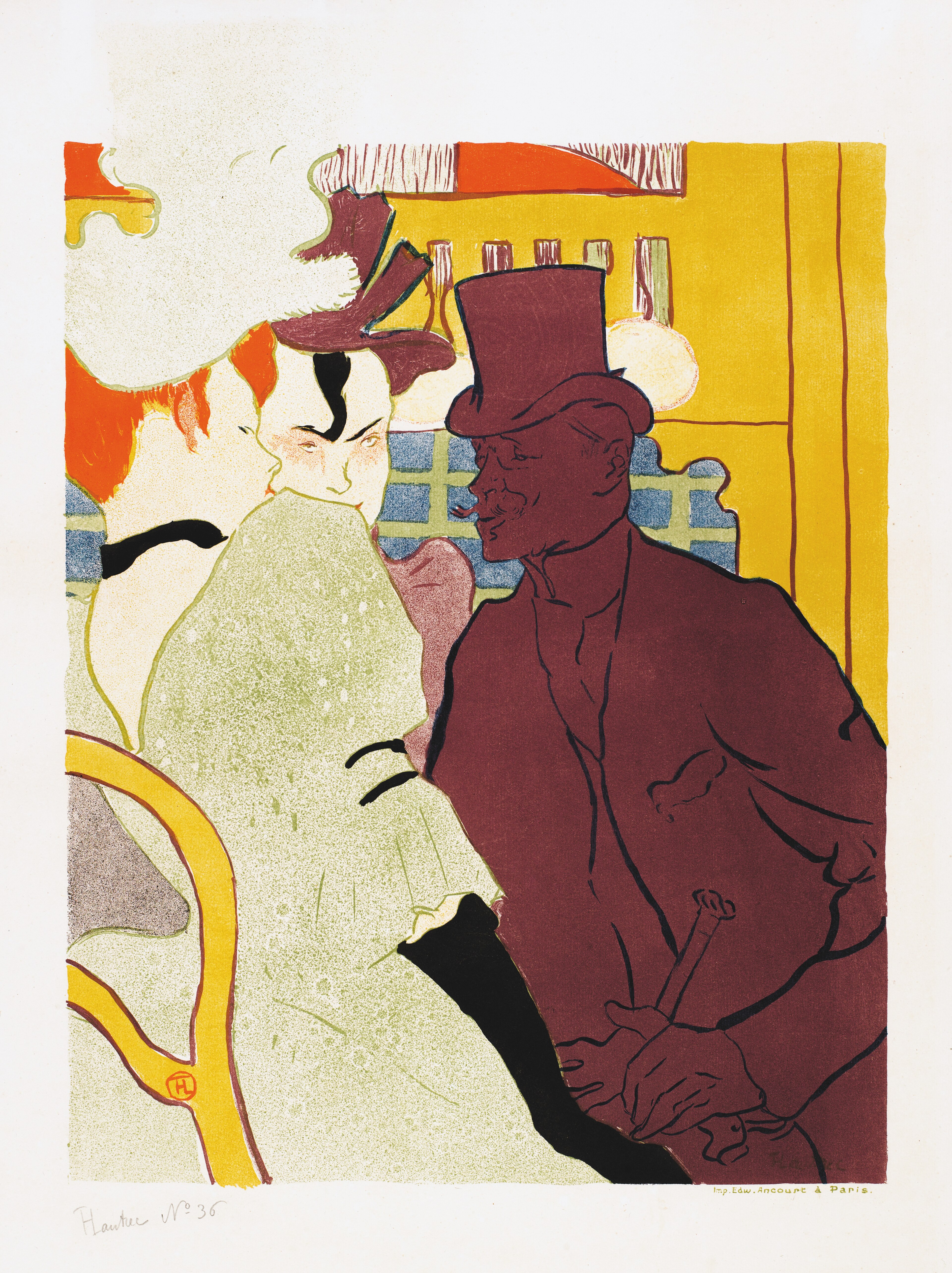 パリの夜を告知するポスターの線と面 — ムーラン・ルージュにて（L’Anglais au Moulin Rouge, by Henri de Toulouse-Lautrec）。Wikimedia Commons所蔵のPD画像。