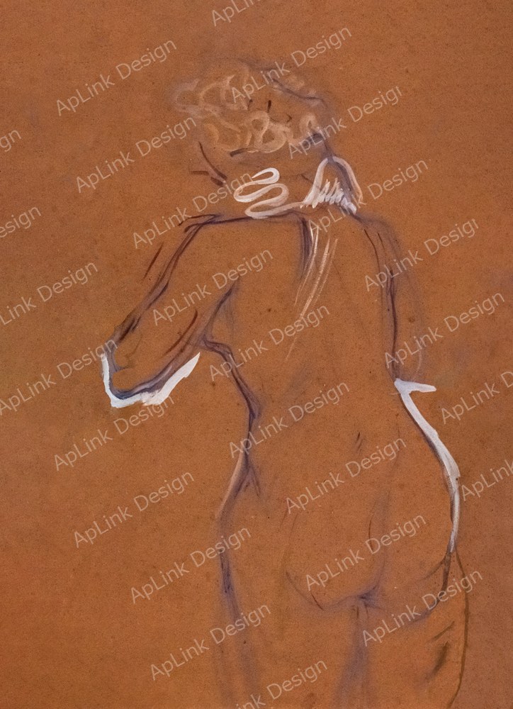 室内の女性を捉えたリトグラフ — 後ろ向きの裸婦習作（(Albi) Etude de femme,nue de dos (à mi-corps), 1896 - Henri de Toulouse-Lautrec）。Wikimedia Commons所蔵のPD画像。