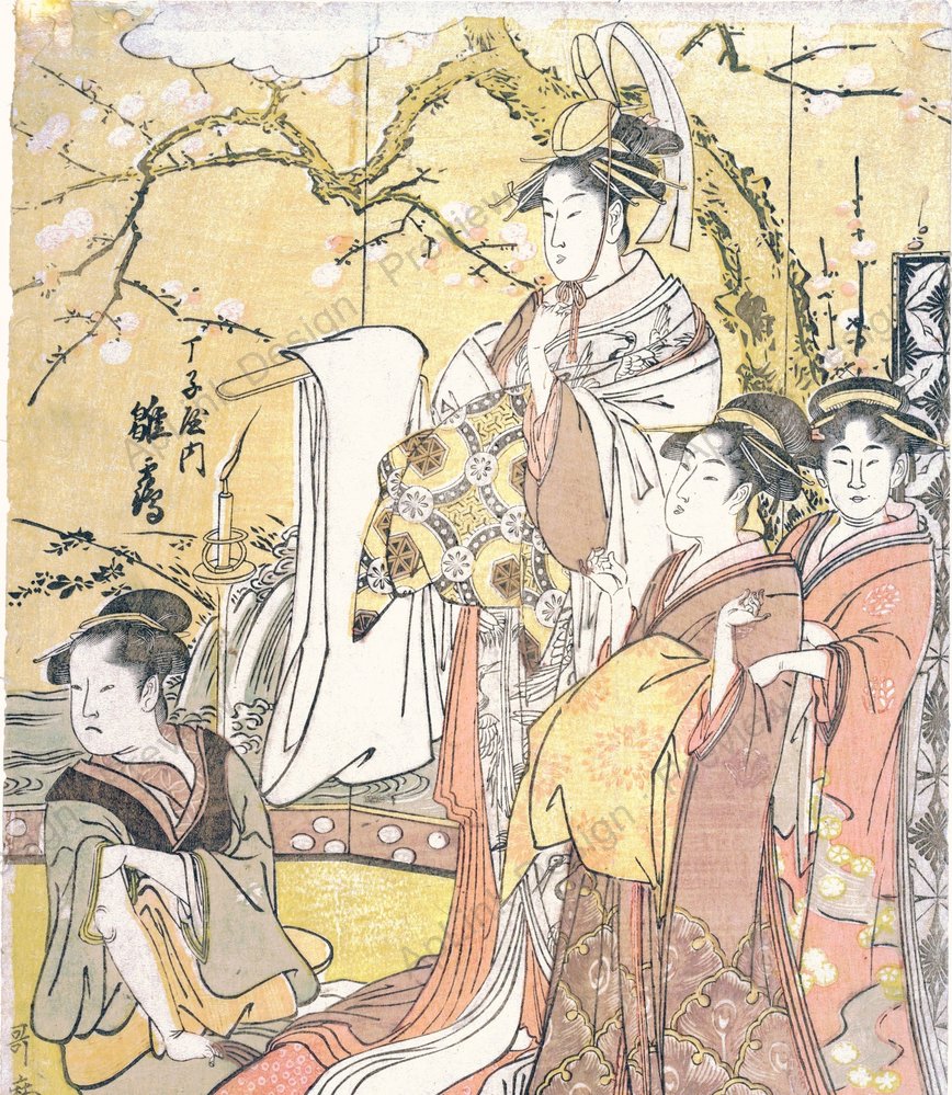 布団の山に立つ丁子屋の花魁雛鶴 — watermarked preview