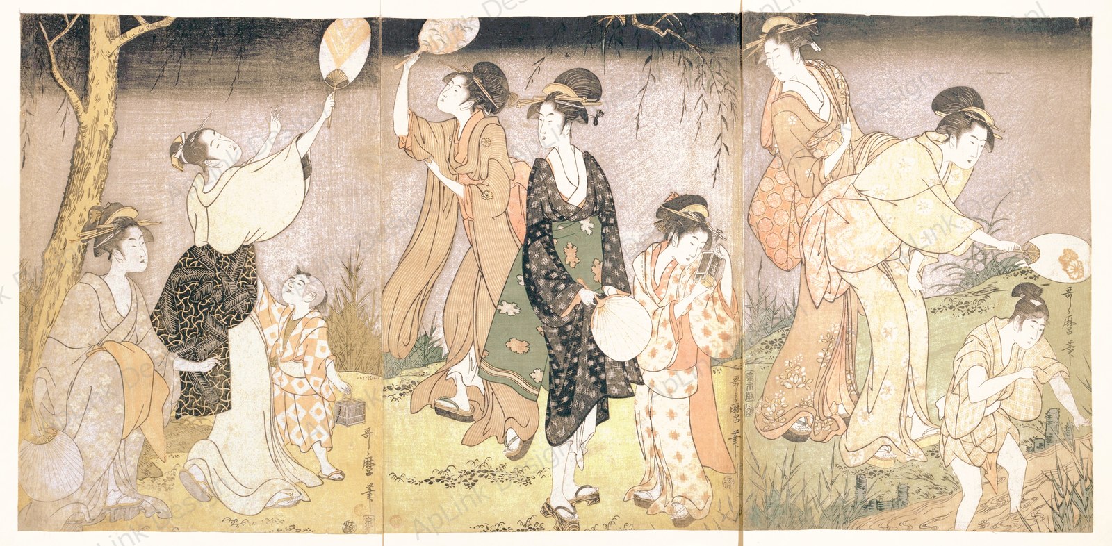 喜多川歌麿「蛍狩」。夏の夜、蛍を追う遊女と侍女の美人画。