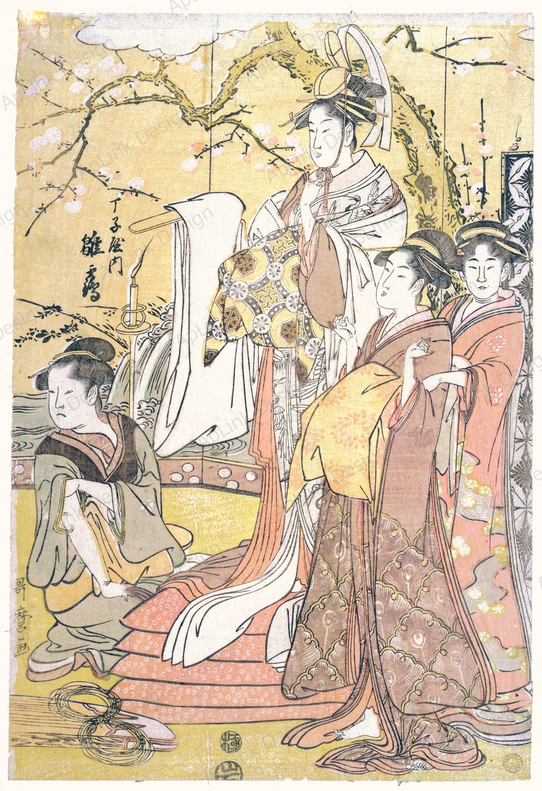 喜多川歌麿「布団の山に立つ丁子屋の花魁雛鶴」。遊里の朝、寝所の静けさを描く美人画。