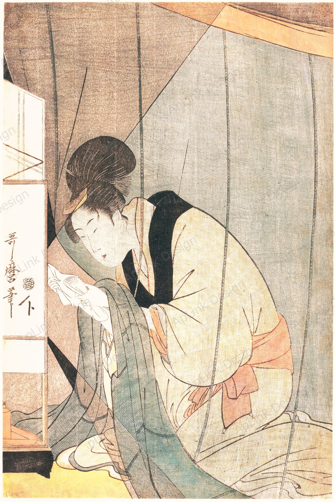 喜多川歌麿「蚊帳の中の女」。夏夜、蚊帳に包まれた女の生活場面。