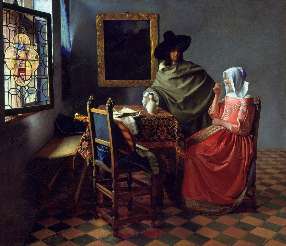 窓辺の光が肌と布の質感を静かに照らす — ワイングラス（The Glass of Wine）。ゲメルデガレリー（ベルリン）のPD画像。