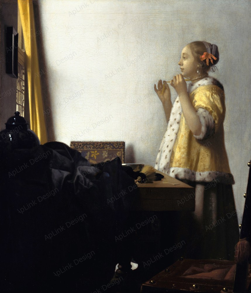 窓辺の光が肌と布の質感を静かに照らす — 真珠の首飾りの少女（Young Woman with a Pearl Necklace）。ゲメルデガレリー（ドレスデン）のPD画像。