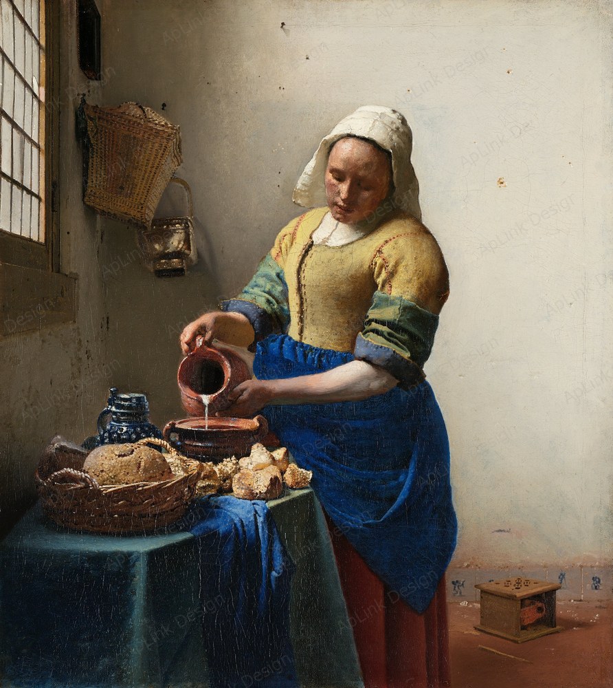 窓辺の光が肌と布の質感を静かに照らす — 牛乳を注ぐ女（Arabic: ساقية الحليب The Milkmaid）。Google Arts & Culture — AHrw. Z3. Av6. Zhjg 9. AHrw. Z3. Av6. ZhjgのPD画像。