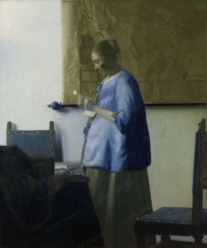 窓辺の光が肌と布の質感を静かに照らす — 手紙を読む女（Woman reading a letter . [ 1 ] Alternative title(s): Woman in Blue Reading a Letter .）。Unknown source Unknown sourceのPD画像。