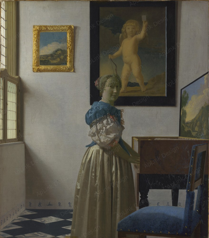 地図と楽器が室内の静けさを引き立てる — ヴィルジナル前の少女（A Young Woman standing at a Virginal）。www.nationalgallery.org.uk : Home : InfoのPD画像。
