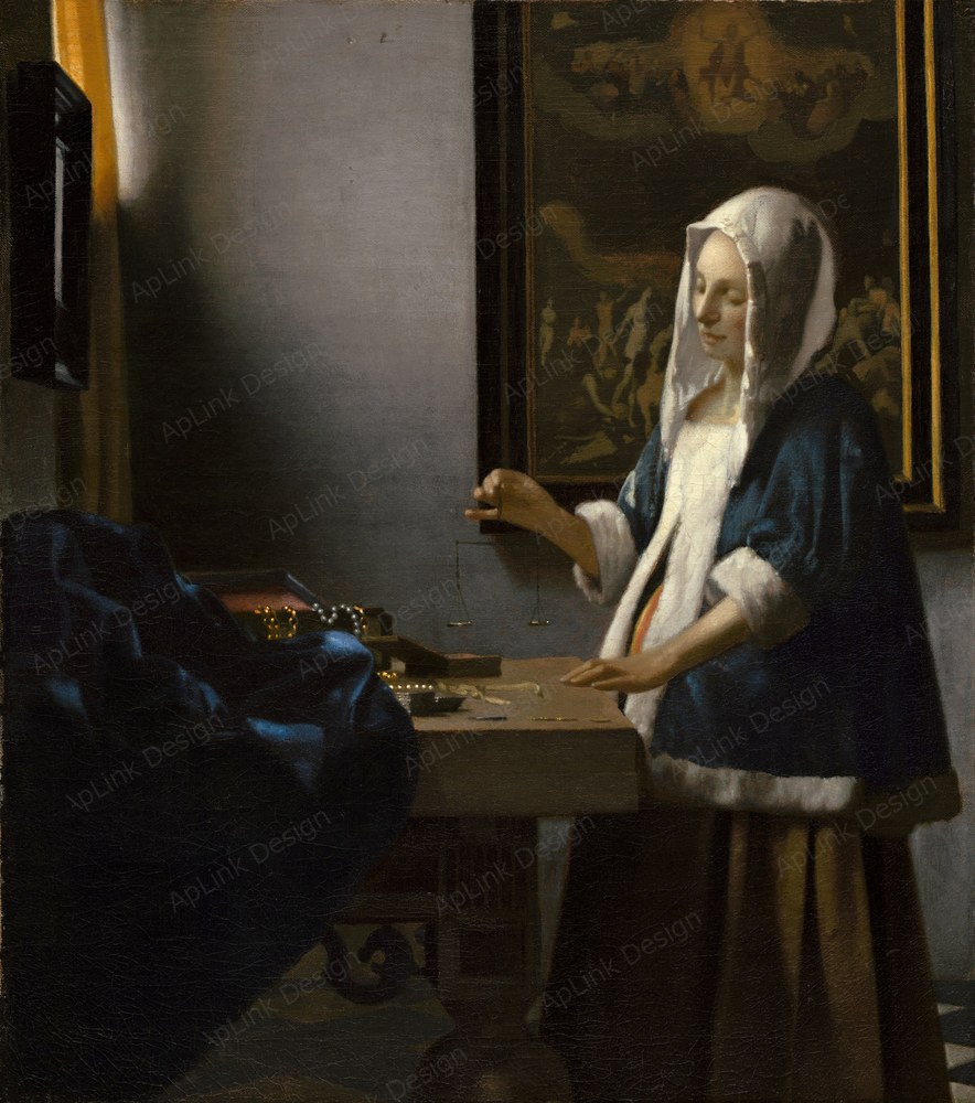 窓辺の光が肌と布の質感を静かに照らす — 天秤を持つ女（Woman Holding a Balance）。-wHFDKu7-mhjtQ at Google Cultural Institute maximum zoom levelのPD画像。