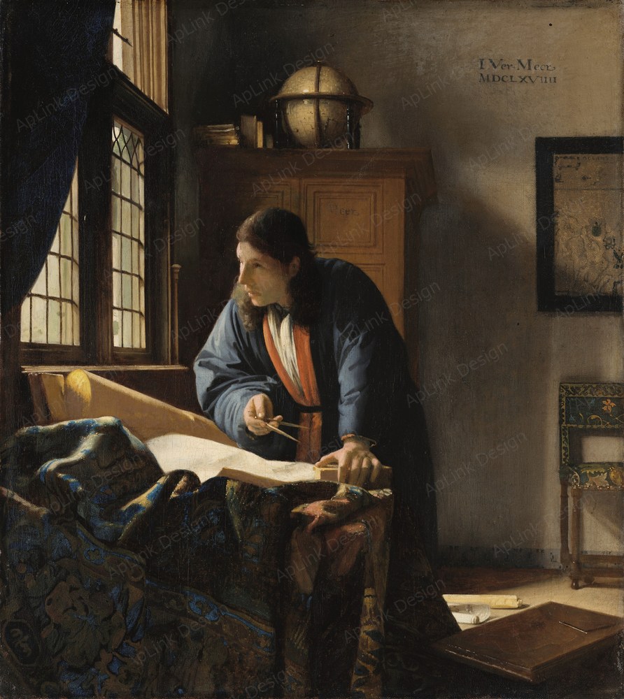 地図と楽器が室内の静けさを引き立てる — 地理学者（The Geographer）。Google Arts & Culture — xQFs38J6ShT4nAのPD画像。