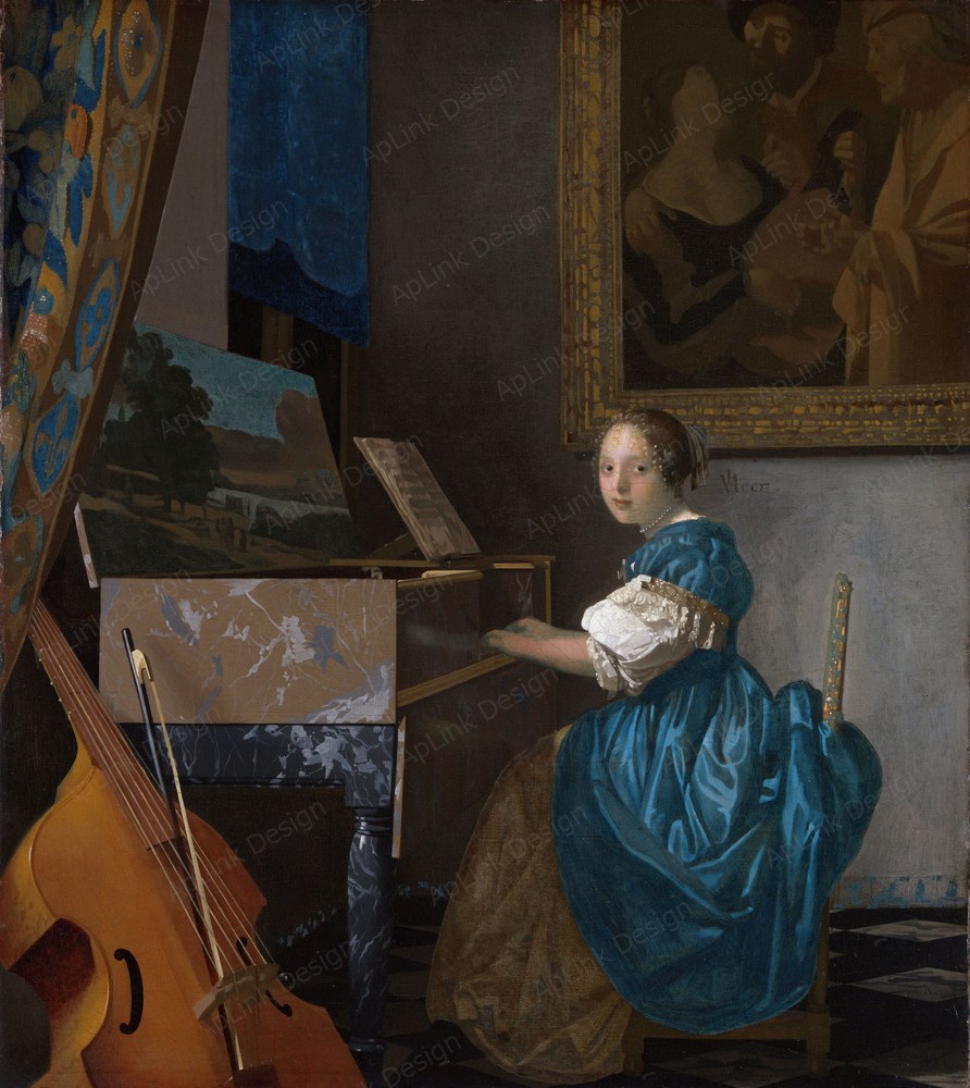 地図と楽器が室内の静けさを引き立てる — ヴィルジナルに座る少女（A young woman seated at a virginal . [ 1 ] Alternative title(s): A Lady Seated at a Virginal . [ 2 ]）。This file was derived from: Lady Seated at a Virginal, Vermeer, The National Gallery, London.jpg :のPD画像。