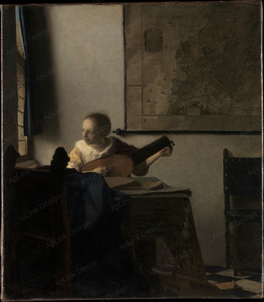 地図と楽器が室内の静けさを引き立てる — リュートのある少女（Young Woman with a Lute）。メトロポリタン美術館のPD画像。