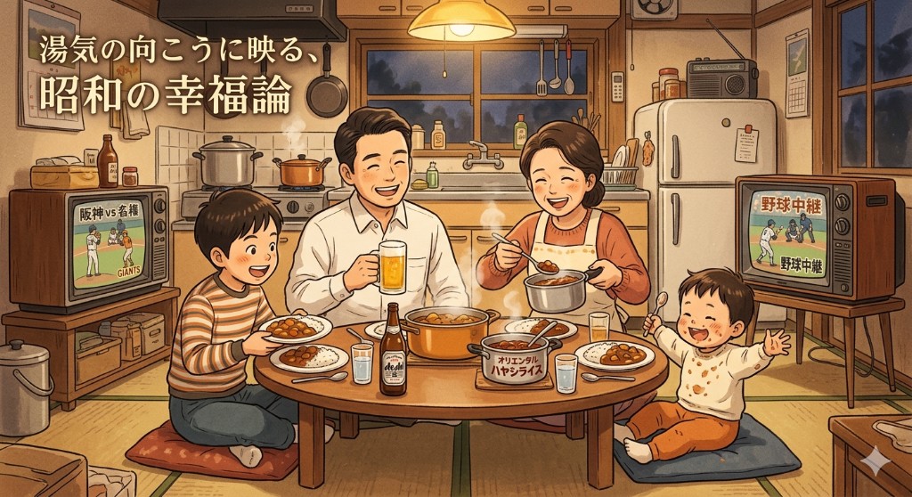 湯気の向こうに映る、昭和の家族の食卓イラスト