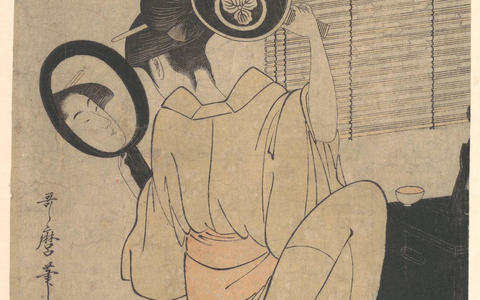 喜多川歌麿「高島おひさ」の浮世絵原版。色褪せと紙の汚れが見える