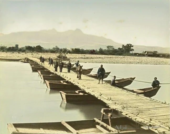 Handa-River (Boat Bridge) near Maitabasai — 日本（幕末・明治）の手彩色写真