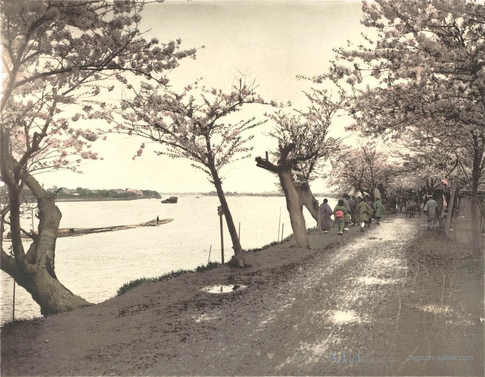 Gezicht op de oever van de Sumida rivier in Uenopark in Tokyo, Japan — 日本（幕末・明治）の手彩色写真