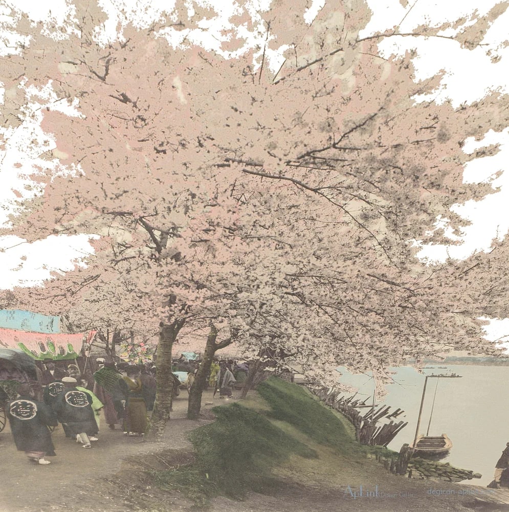 Gezicht op de oever van de Sumida rivier in Uenopark in Tokyo, Japan — 日本（幕末・明治）の手彩色写真
